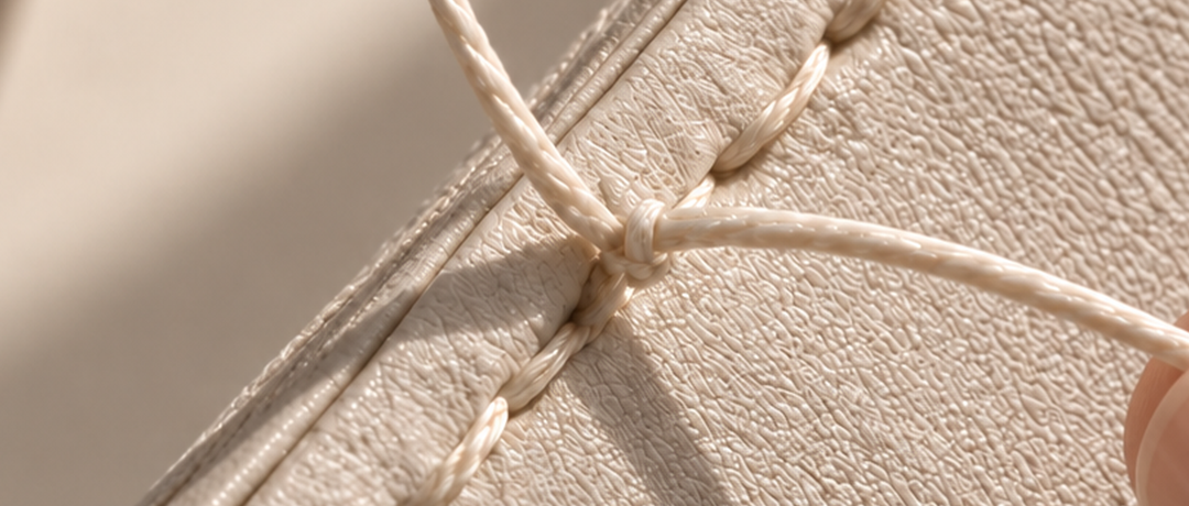 Hand stitching in the Prota Fiori atelier — thread, grain and texture of Italian apple skin